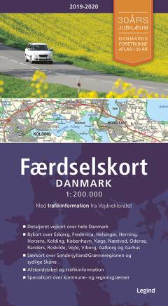 Færdselskort, Danmark 1:200 000 : med trafikinformation fra Vejdirektoratet. 2019/2020 (30. udgave)