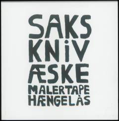 Saks, kniv, æske, malertape, hængelås