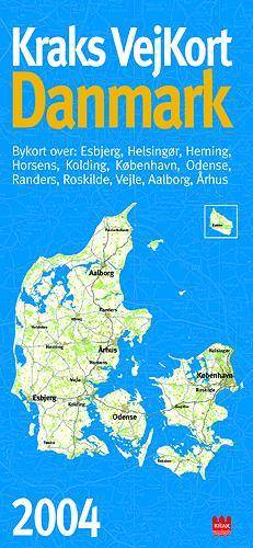 Kraks vejkort Danmark : bykort over: Esbjerg, Helsingør, Herning, Horsens, Kolding, København, Odense, Randers, Roskilde, Vejle, Ålborg, Århus=bykort over: Esbjerg, Helsingør, Herning, Horsens, Kolding, København, Odense, Randers, Roskilde, Vejle, Aalborg, Århus (Almindelig udgave). 2004 (1. udgave)