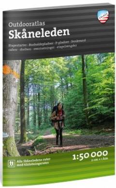 Outdooratlas Skåneleden : etapestarter, busholdepladser, p-pladser, ferskvand, cafeer, shelters, overnatninger, etapelængder : 1:50.000, 2 cm=1 km