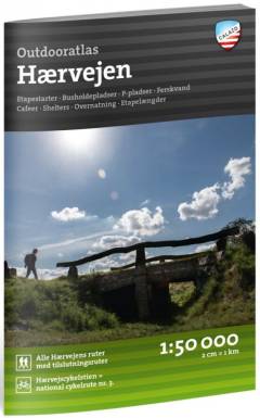 Outdooratlas Hærvejen : etapestarter, busholdepladser, p-pladser, ferskvand, cafeer, shelters, overnatning, etapelængder : 1:50.000, 2 cm=1 km